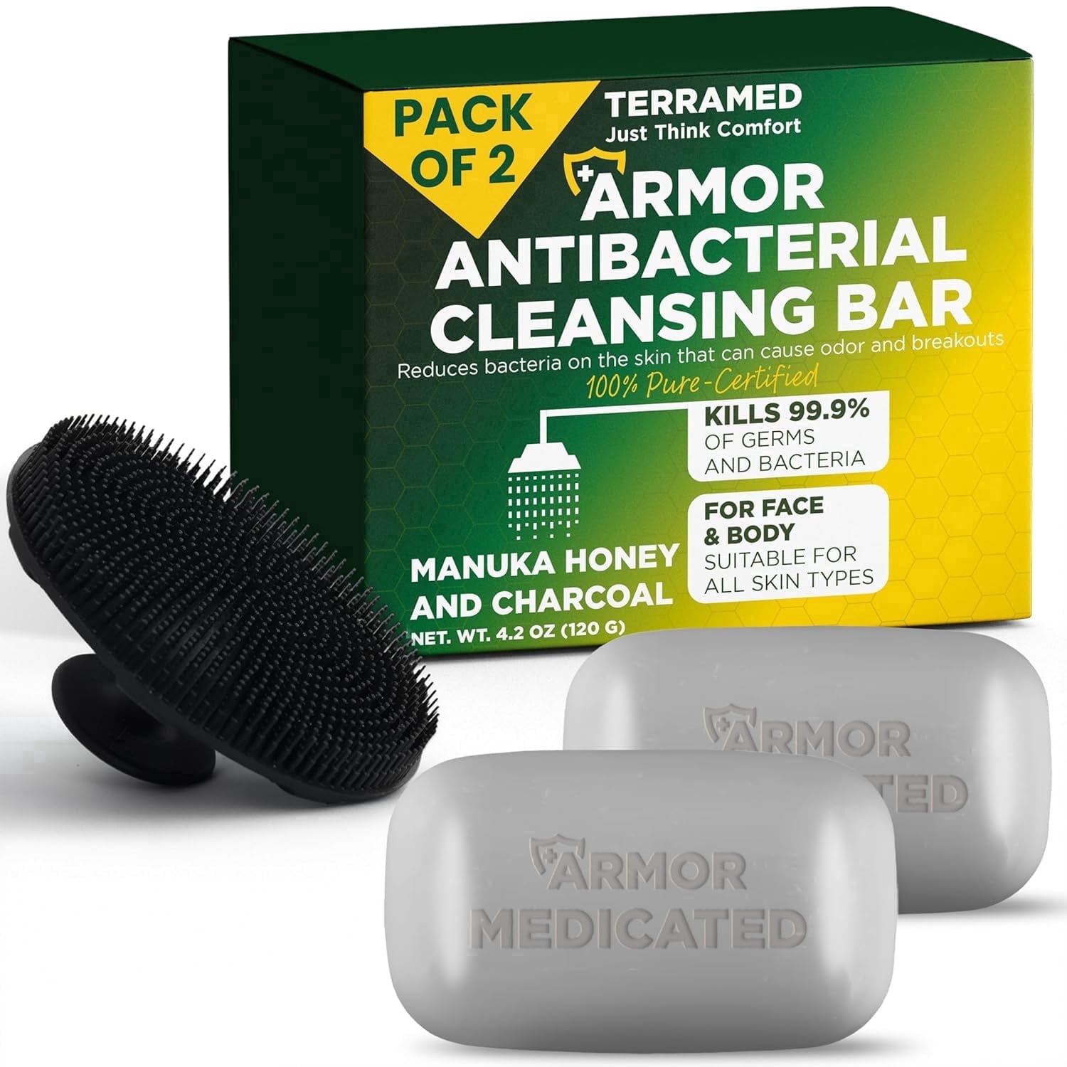 Antibacterial Soap Antibacterial Hand Soap for All Skin Types | Kills 99.9% of Germs & Bacteria | Helps with Back Acne, Body Odor & Skin Irritation | Manuka Honey Charcoal Soap with Scrubber