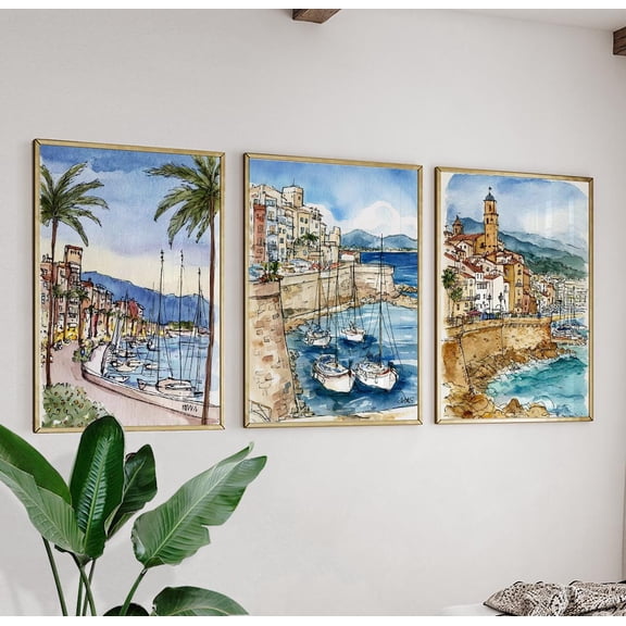 Antibes France Poster Vintage Watercolor Coastal Wall Art Mediterranean Harbor Prints French Riviera Decor Set 3