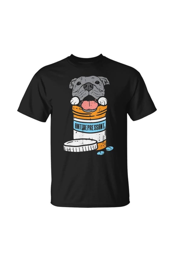 Antidepressant Pitbull Graphic Tee Unisex Adult Cotton Dog Lover Design T-Shirt for Pittie Owners Casual Everyday Wear, Size L, Color Black
