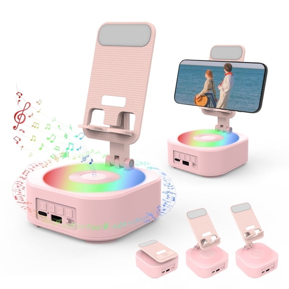 Antier Bluetooth Speaker Phone Stand with Power Bank, Foldable 360° Rotating Tablet Holder, RGB LED Wireless Speaker, Adjustable Desk Stand Compatible with Smartphones & Tablets