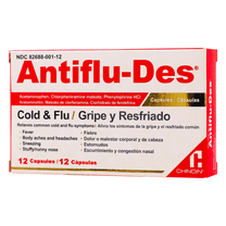 Antiflu-Des Cold and Flu, Symptoms Relief, Fever Reducer, 12 Caps, Box