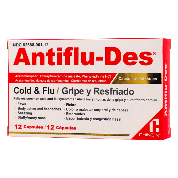 Antiflu-Des Cold and Flu, Symptoms Relief, Fever Reducer, 12 Caps, Box
