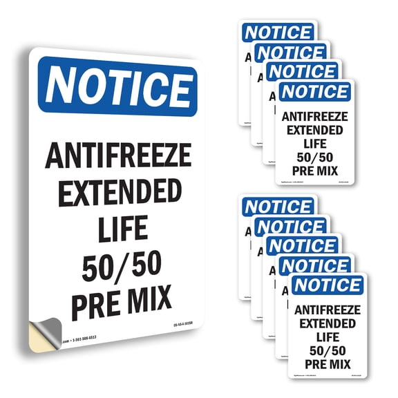 Antifreeze Extended Life 50 50 Pre Mix OSHA Notice Vinyl Decal Label 10 Inch x 7 Inch - 10 Pack
