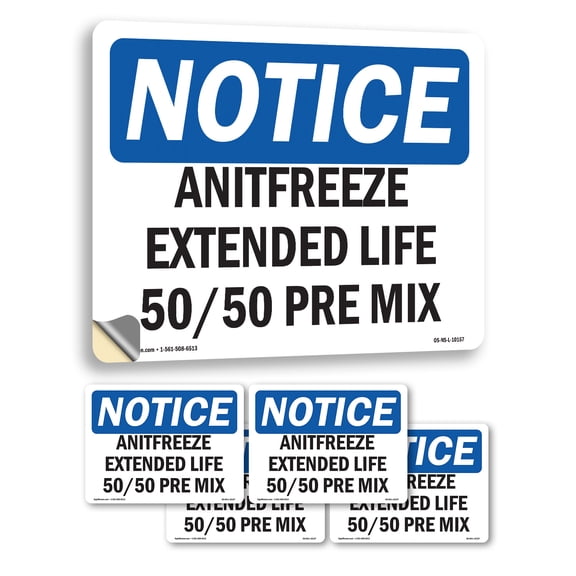 Antifreeze Extended Life 50 50 Pre Mix OSHA Notice Vinyl Decal Label 5 Inch x 3.5 Inch - 5 Pack