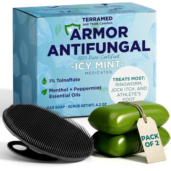 Antifungal Soap Infused with Peppermint Essential Oil | Medicated Tolnaftate 1% Soap for Itchy Skin, Athlete’s Foot, Ringworm & Jock Itch Treatment | Spearmint Freshness Bars Pack of 2 with Scrubber