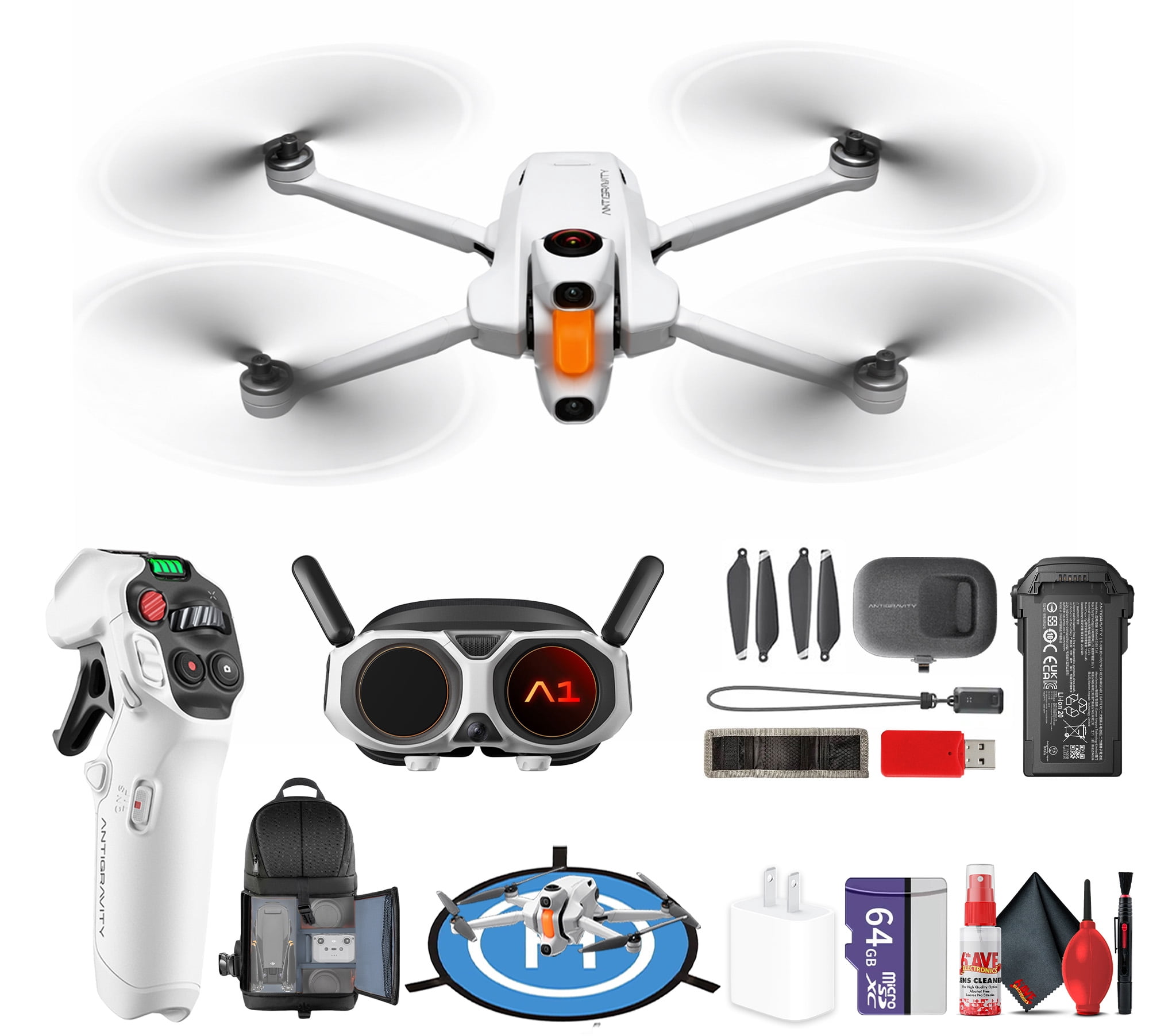 Antigravity A1 8K 360 Drone Standard Bundle | AI Tracking, Obstacle Avoidance, 249g Foldable, Auto Return, 10km Transmission (DE001-01) + 64GB Card + Sling Backpack + Landing Pad + More (27pc Bundle)