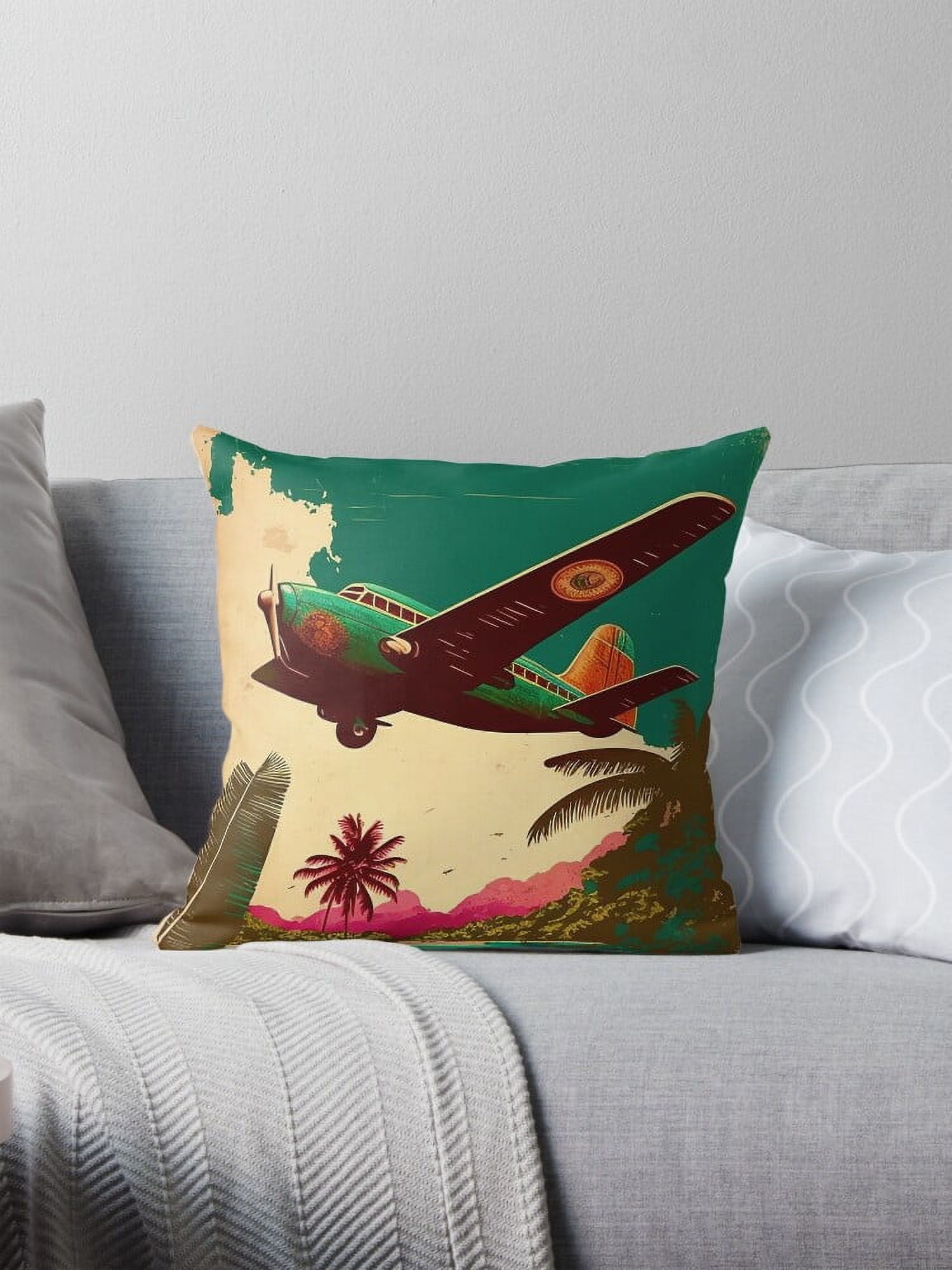 Antigua Caribbean Plane Vintage Travel Art Poster Throw Pillow Covers