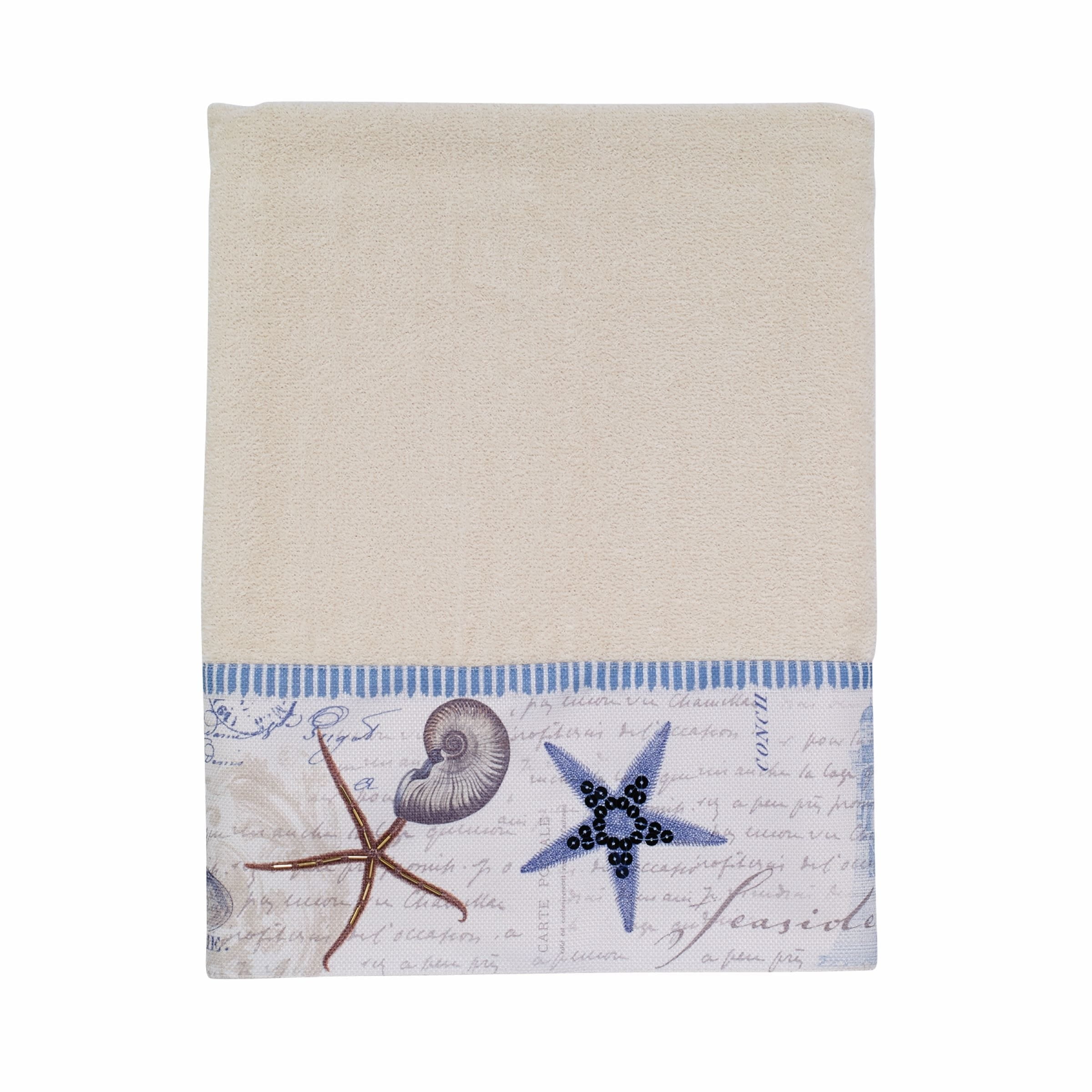 Ivory Cotton Polyester Coastal Bath Towel with Sea Motif