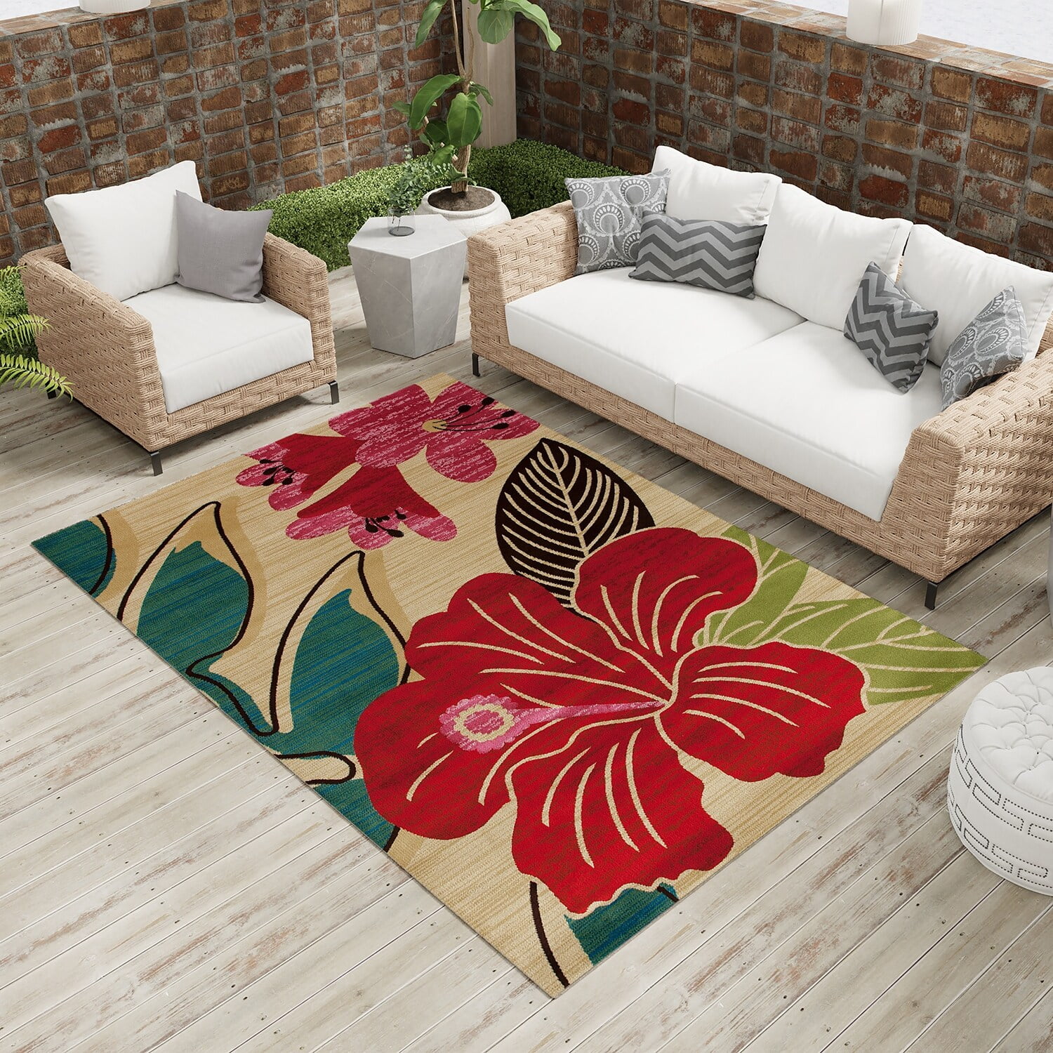 Antigua Tropical Floral Beige Area Rug 5' 3" x 5' 3"