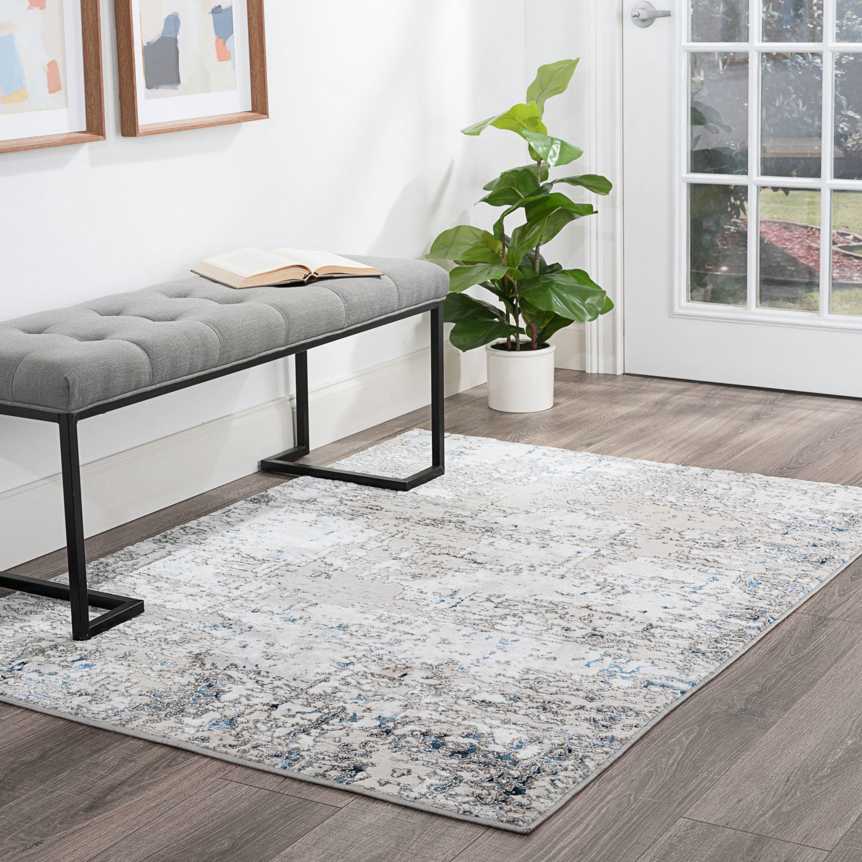 Antik Contemporary 4' x 5' Blue and Gray Polypropylene & Polyester Indoor Area Rug