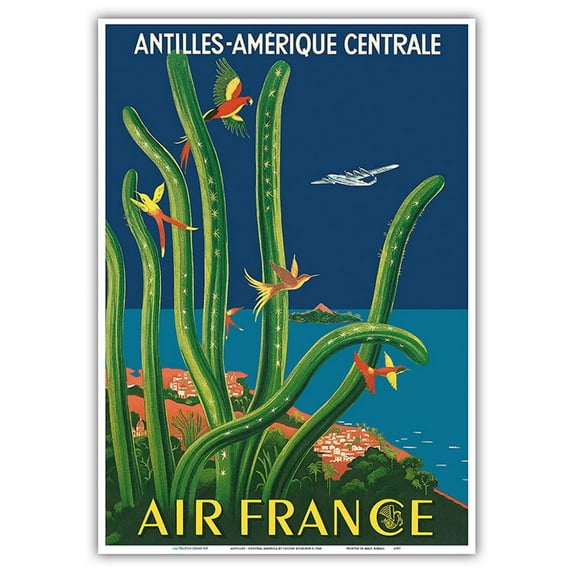 Antilles - Central America (Amérique Centrale) - Lockheed L-1049 - France - Vintage Airline Travel Poster by Lucien Boucher c.1948 - Master Art Print 10in x 14in