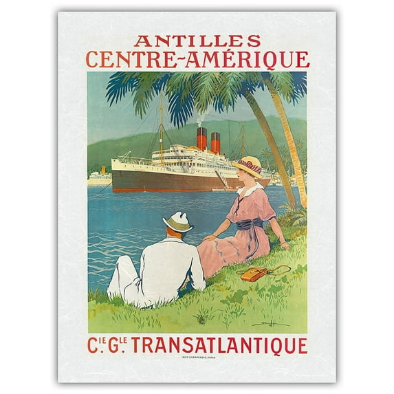 Antilles Central America - (CIE GLE) (French Line) - SS Flandre Cruise Ship - Vintage Ocean Liner Travel Poster by Sandy Hook c.1970s - Japanese Unryu Rice Paper Art Print (Unframed) 18 x 24 in
