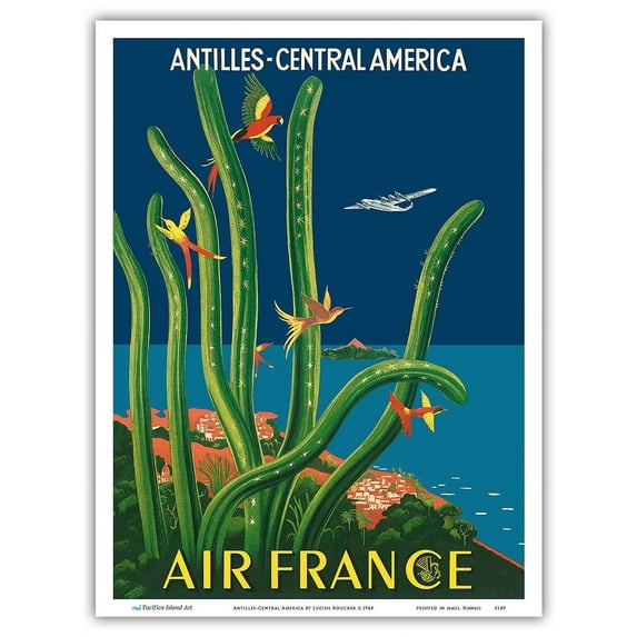 Antilles-Central America - Lockheed Super Constellation - France - Vintage Airline Travel Poster by Lucien Boucher c.1948 - Master Art Print (Unframed) 9in x 12in