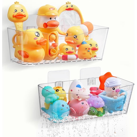 Antimbee Clear Bath Toy Storage, 2 Pack | Large Capacity, Quick Dry, No Drill Adhesive, Shower Caddy, For Baby Toddler Kids