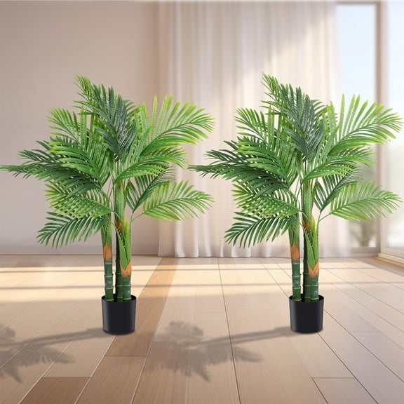 Anting 2PCS 4FT Artificial Golden Cane Palm Tree 15Leaves Faux Triple Tropical Palm Plants with Pot for Gift Home Office Decor Green