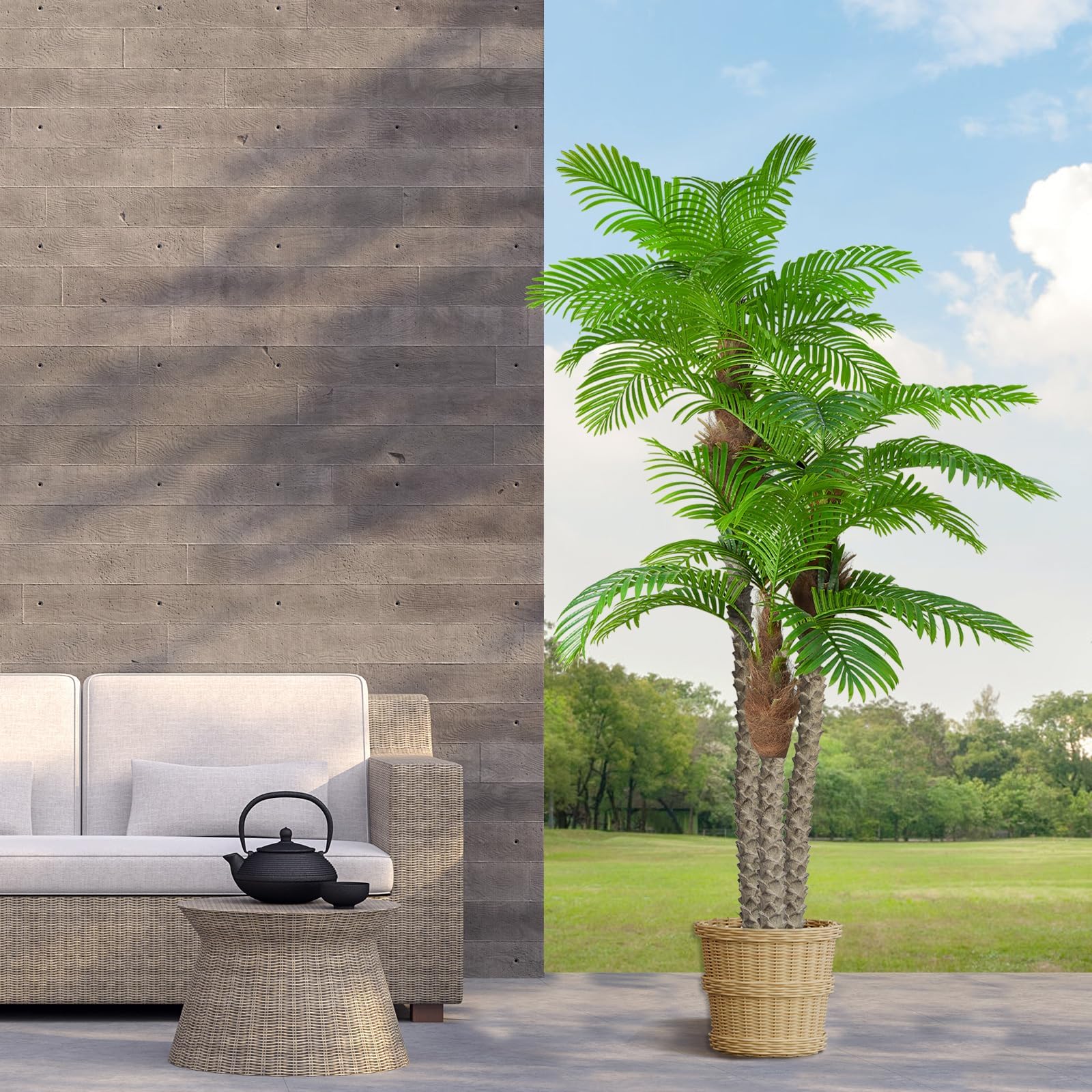 Anting 8.5ft Fake Palm Tree for Outdoors, Triple Tropical Palm Artificial Plant Tree Outdoor Indoor in Pot Large Palm Plants for Living Room Front Porch, Garden Home Office, UV Resistant