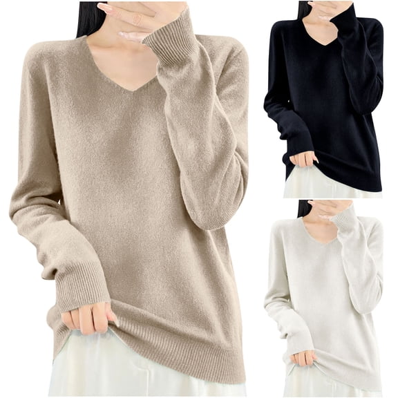 Antinious Blouses for Women Dressy Casual V Neck Knitted Long Sleeve Solid Tops,Sweatshirt for Women,Going Out Tops for Women,White,M