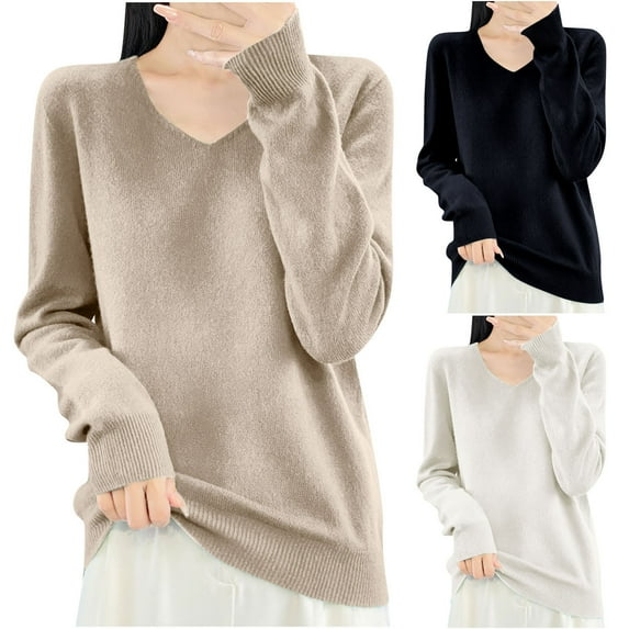 Antinious Blouses for Women Dressy Casual V Neck Knitted Long Sleeve Solid Tops,Sweatshirt for Women,Going Out Tops for Women,White,S