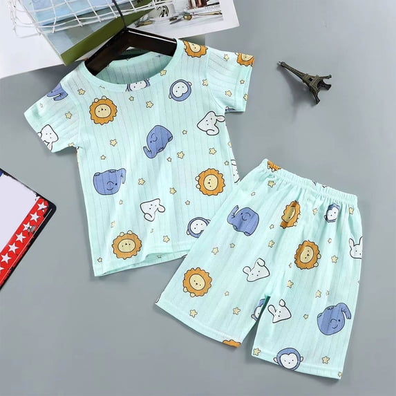 Antinious Boys Girls Casual 2 Piece Summer Outfit Round Neck Short Sleeve Cutout Print Elastic Waist Shorts