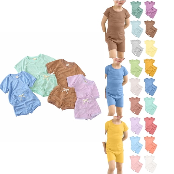 Antinious Toddler Toddler Boys Round Neck Short Sleeve Solid Top High Waist Shorts 2 Piece Summer Outfit Versatile