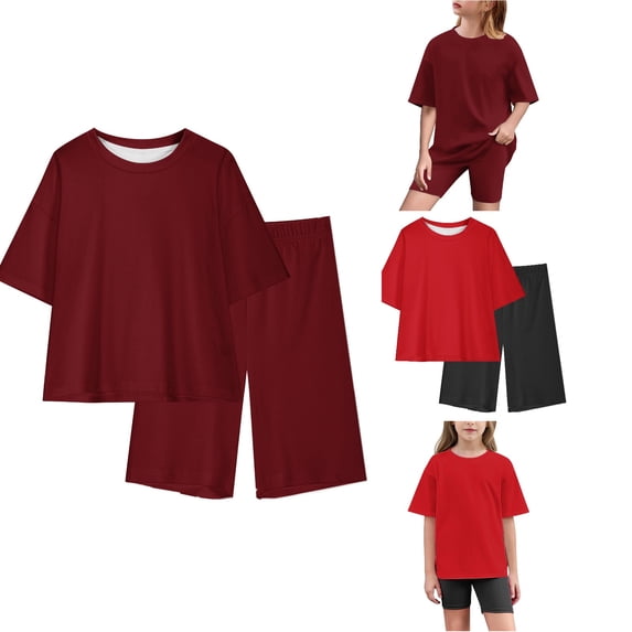 Antinious Toddler Casual Fashion Outfit Loungewear Short Sleeve Solid Loose Top Yoga Shorts Outfit,Wine,140