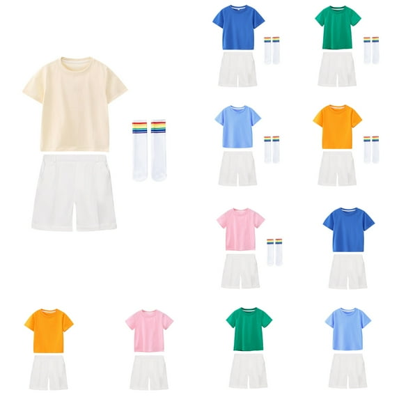 Antinious Toddler Fall Summer Savings Short Sleeve Round Neck Solid T-Shirt + Elastic Waist Shorts + Socks Casual School Cheer Performance Set,Outfits for Kids,Boys Girls Sleepwear Set,Orange,90