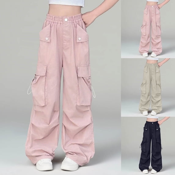 Antinious Boys Girls Solid Elastic Waist Outer Pockets Versatile Cargo Pants