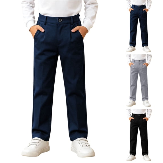 Antinious Boys Girls Solid Elastic Waist School Uniform Straight Leg Versatile Full Length Pants