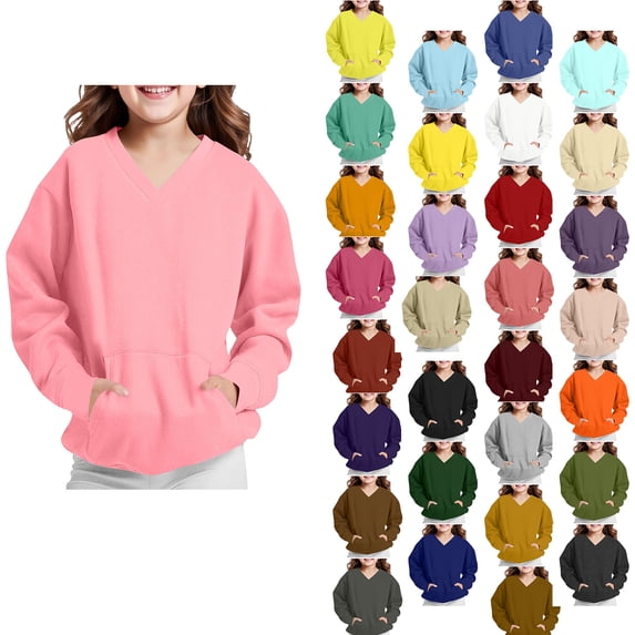 Antinious Boys Girls Solid V-Neck Hoodless Versatile Pocket Long Sleeve Sweatshirts