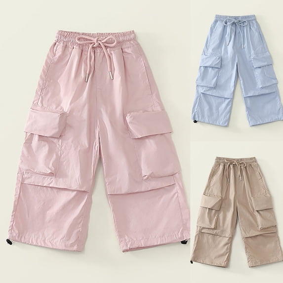 Antinious Boys Girls Stylish Solid Drawstring Pocket Loose Cargo Full Length Pants 8-9Y