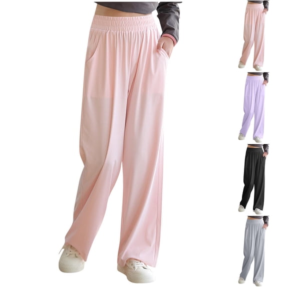 Antinious Boys Girls Stylish Solid Ice Silk Elastic Waist Straight Leg Wide Leg Full Length Pants 5-6Y