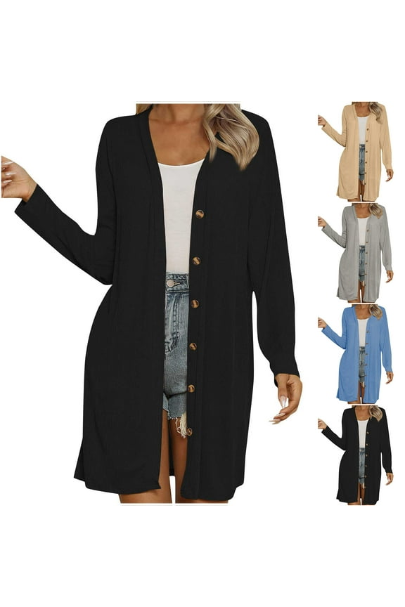 Cardigan Sweaters for Women Solid Long Length Knit Jacket Button Front Long Sleeve Casual Outerwear Coat,Women Winter Sweater Coat,Womens Trench Coat,Black,M