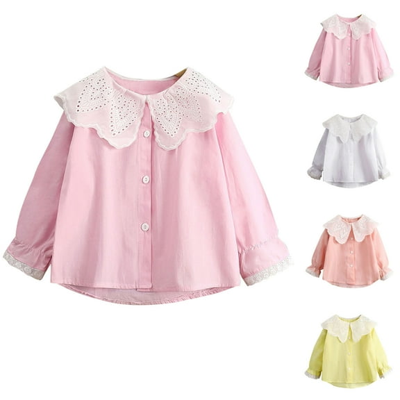 Antinious Casual Shirts for Kids,Toddler Winter Long Sleeve Tops Blouses,Children's Summer Solid Color Doll Collar Lace Casual Long Sleeve Turndown Collar Blouse For Kids,Yellow,80