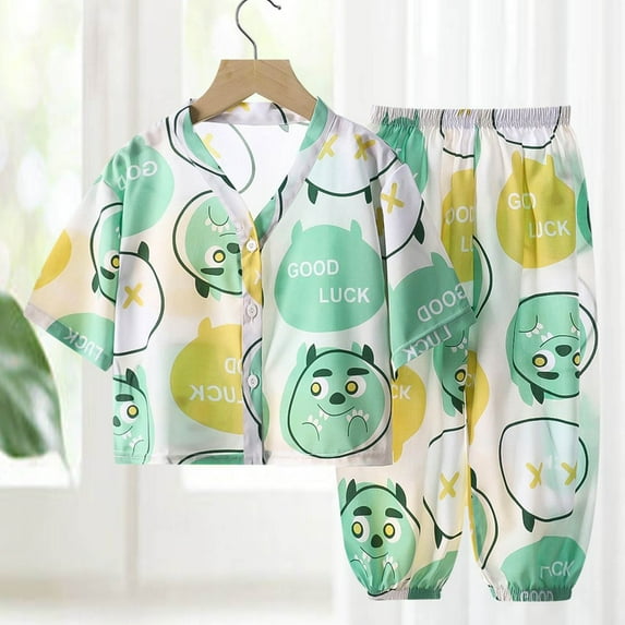 Antinious Casual Short Sleeve Loungewear Suits for Kids,Toddler Winter Short Sleeve Sleepwear Outfits Sets,Cardigan Silk Set Summer Air Conditioning Suit Home Clothes Two-piece Set,Green,90