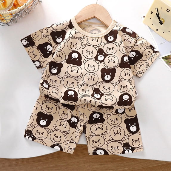 Antinious Casual Short Sleeve Loungewear Suits for Kids,Toddler Winter Short Sleeve Sleepwear Outfits Sets,Children's Round Neck Short Sleeved Elastic Waist Shorts Casual Home Suit Set,Khaki,130