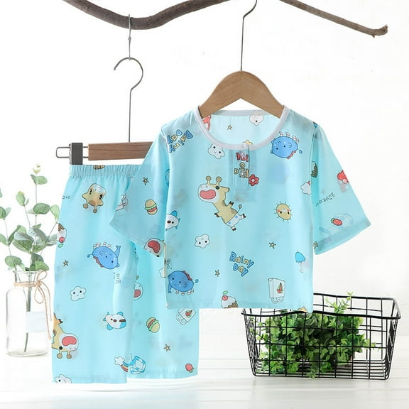 Antinious Casual Short Sleeve Loungewear Suits for Kids,Toddler Winter Short Sleeve Sleepwear Outfits Sets,Fashion And Boys' Casual Short Sleeve Collar Botton Printed Short Pants,Light Blue,90