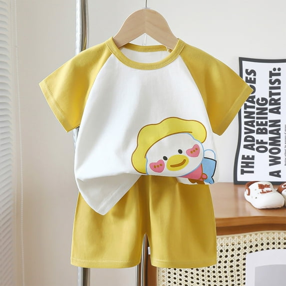 Antinious Casual Short Sleeve Loungewear Suits for Kids,Toddler Winter Short Sleeve Sleepwear Outfits Sets,KidsSummer Casual Printed Round Neck Short Sleeve Shorts Set,Yellow,120
