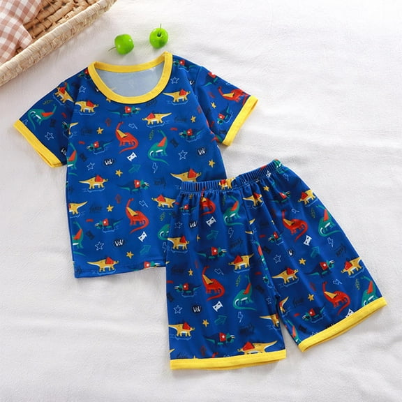 Antinious Casual Short Sleeve Loungewear Suits for Kids,Toddler Winter Short Sleeve Sleepwear Outfits Sets, Short Sleeved Shirt Elastic Waisted Shorts Mid Size Casual Home Clothes Set,Blue,100