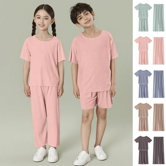 Antinious Casual Short Sleeve Loungewear Suits for Kids,Toddler Winter Short Sleeve Sleepwear Outfits Sets, Solid Color Short Sleeved Top Elastic Waist Shorts Long Home Clothes ,Brown,100