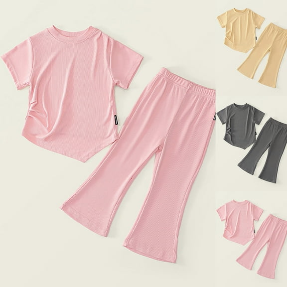 Antinious Casual Short Sleeve Suits for Kids,Toddler Winter Short Sleeve Outfits Sets,3-12 Years Girls' Casual Top Flared Cropped Pants Two-piece Setshort Sleeved Round Neck shirt Set,Gray,110