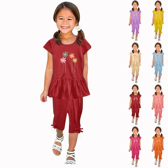 Antinious Casual Short Sleeve Suits for Kids,Toddler Winter Short Sleeve Outfits Sets,Girl's Summer Round Neck Small Print Short Sleeved Cropped Pants Two-piece Set,Light Blue,80