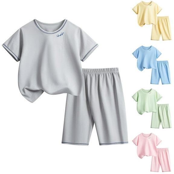 Antinious Casual Short Sleeve Suits for Kids,Toddler Winter Short Sleeve Outfits Sets, Solid Color Round Neck Short Sleeved Set Casual Home Clothes Short Sleeved Cropped Pants Two-piece Set ,Blue,110