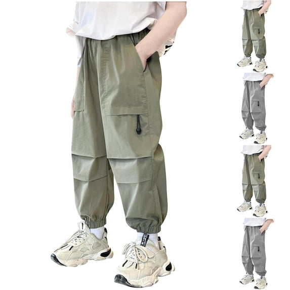 Antinious Children Solid Elastic Waist Cuffed Multi Outer Pockets Loose Cargo Full Length Pants 11-12Y