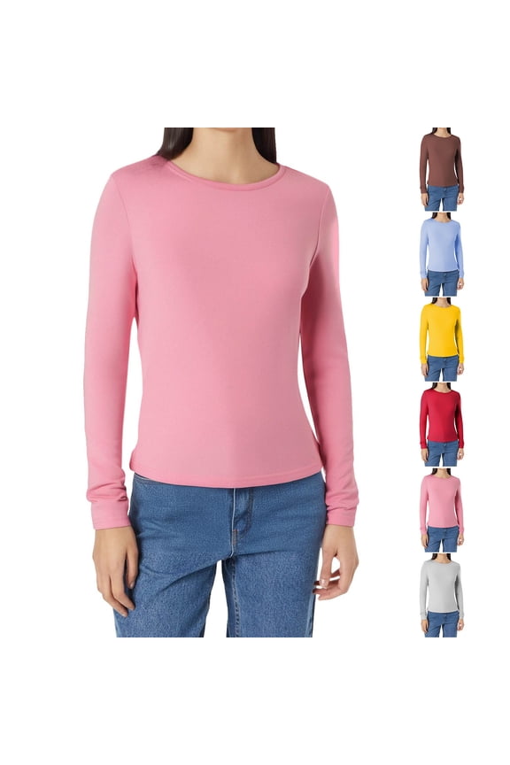 Crop Tops Womens Long Sleeve Solid Crew Neck Casual Blouses,Red,S