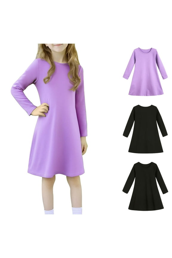 Elegant Princess Dress Girls Frock Dress Solid Crew Neck Long Sleeve Dress,Toddler Girls Outer Dress,Kids Party Dress,Black,120