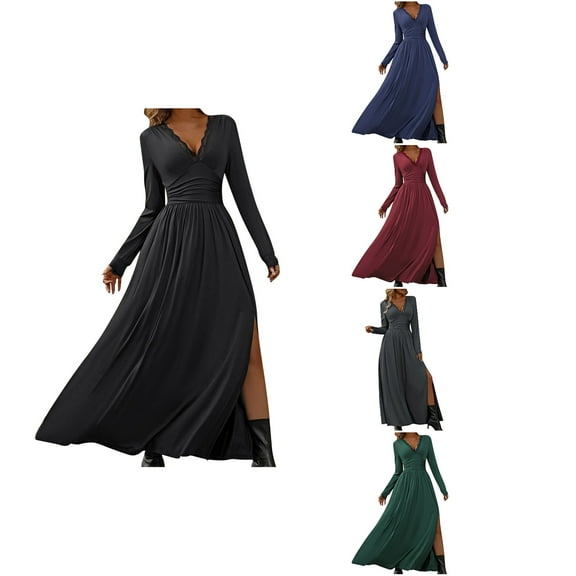 Antinious Elegant Princess Dress Long Sleeve Solid High Waist Lace Banquet Long Dress V Neck Formal Wedding Guest Dress,Winter Dresses for Women,Long Sleeve Party Dress for Women,Black,L