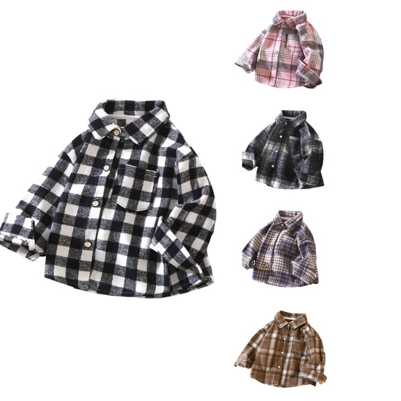 Antinious Toddler Girls Plaid Print Shacket Jacket Sweaters Long Sleeve Collared Casual Hoodless Outerwear,Kids Trench Coat,Winter Coat for Boys Girls,Black,130