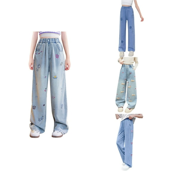 Antinious Toddler Girls Sweatpants,Casual Long Jogger Pants for Boys Girls,Kids Fashion High Waisted Loose Pocket Straight Leg Wide Leg Pants Denim Pants,140,