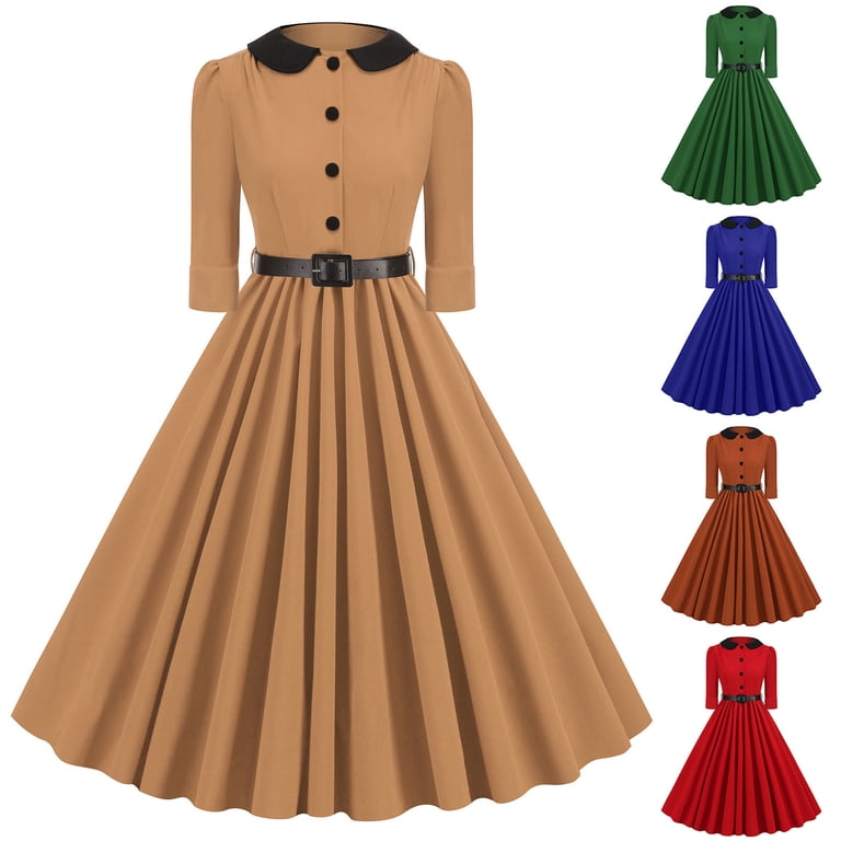 Antinious Fashion Casual Elegant Dresses for Women Long Sleeve Solid Buttoned Waist Slim Frock Dress,Blue,XL, Women's