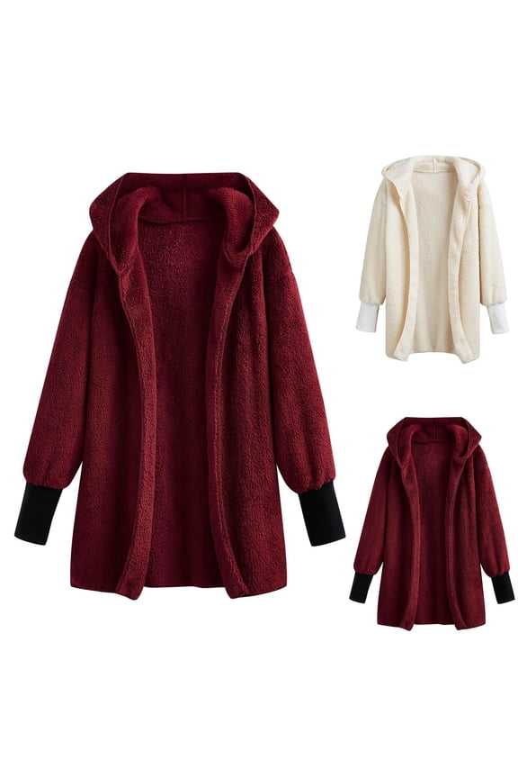 Fleece Jacket Women Hooded Jacket Solid Thickened Warm Long Sleeve Casual Outerwear With Kangaroo Pocket,Warm Trench Coat,Jackets for Women Trendy,Red,S